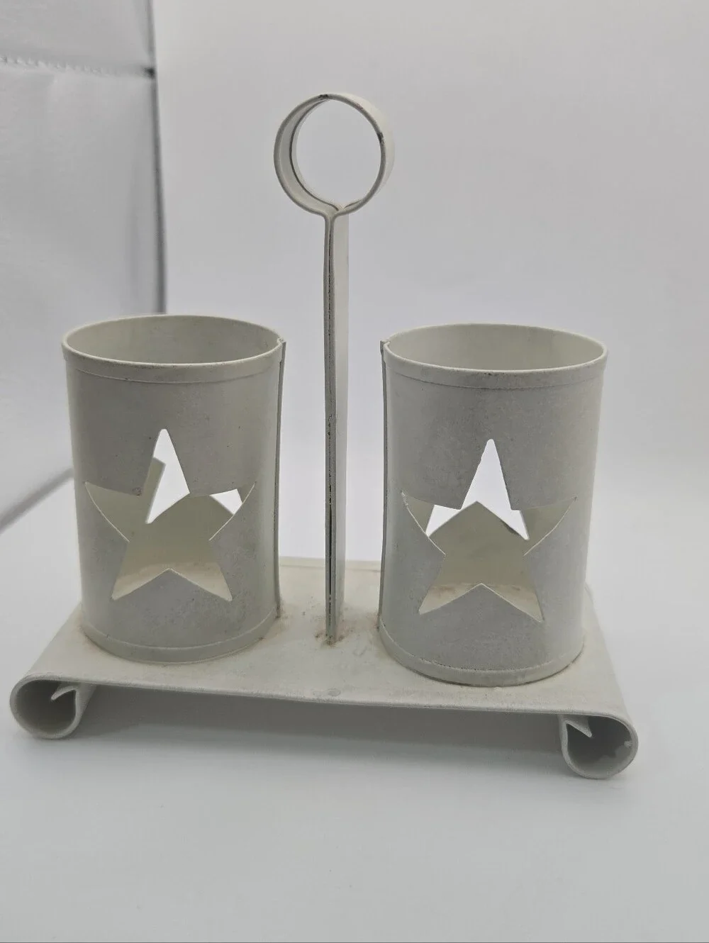 Rustic White Metal Double Tealight Candle Holder w/ Star Cutouts Farmhouse Decor